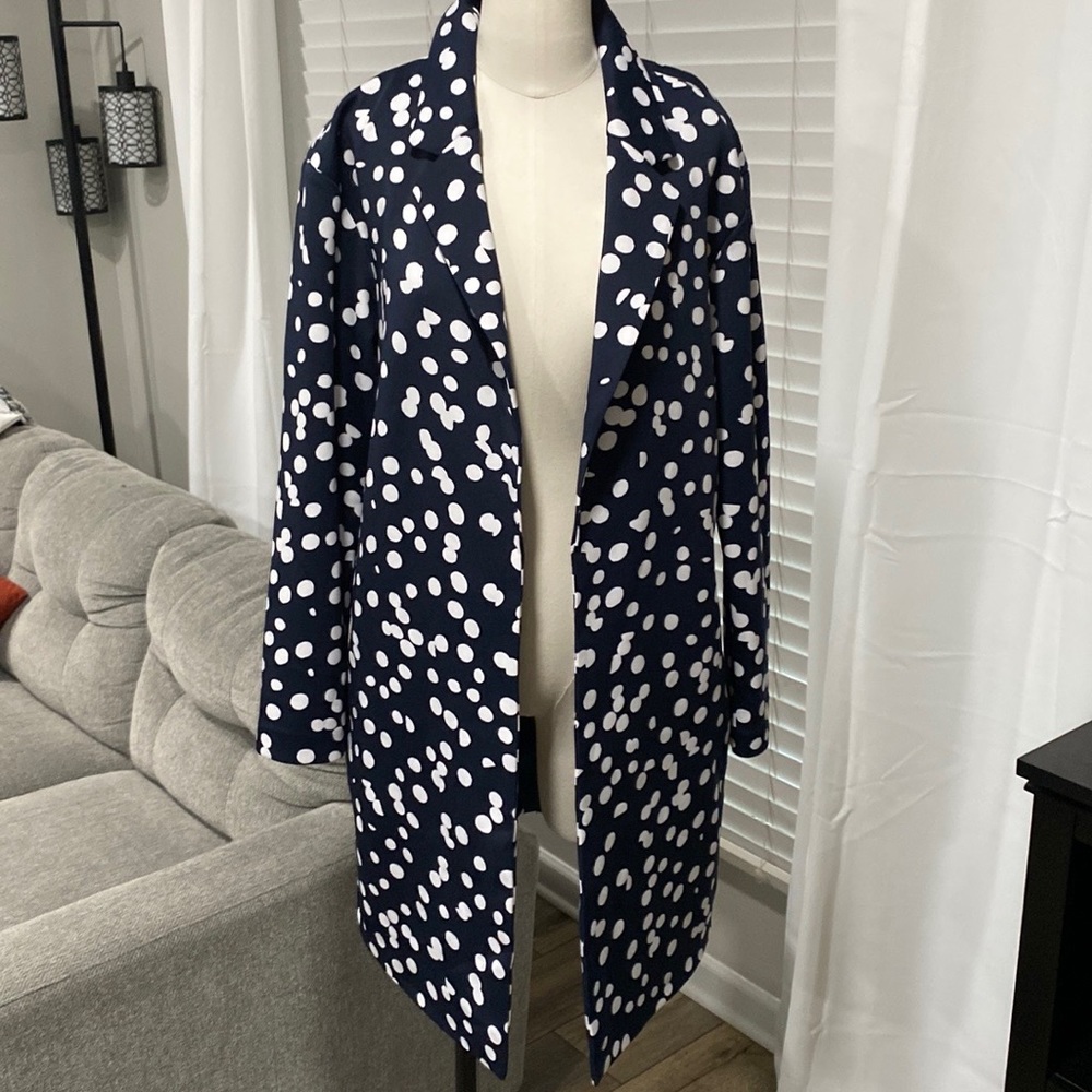 NWT Spring Fall Blazer Jacket Navy Blue White Polka Dot Long Lined TAHARI